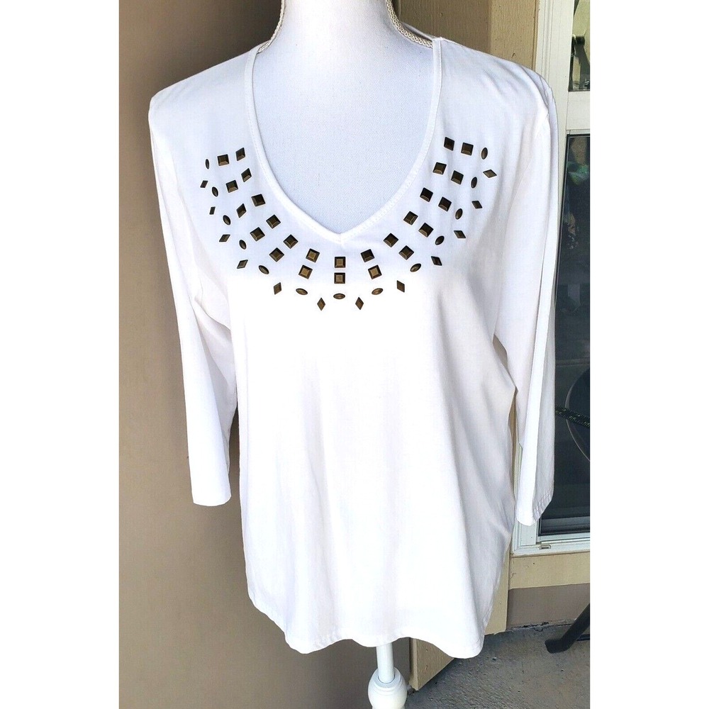 SAG HARBOR Shirt Womens XL White Studded Brass Deco 3/4 Sleeve Casual Top